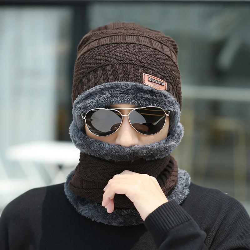 3Pcs/Set Winter Warm Cap Scarf Gloves Men Thermal Windproof Thickened Knit Hats For Running Cycling Outdoor Sports