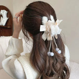 New Fashion Bow Tassel Pendant Hair Clips Korea Ponytail Plush Shark Claw Girls Fall and Winter Gift Hair Accessories