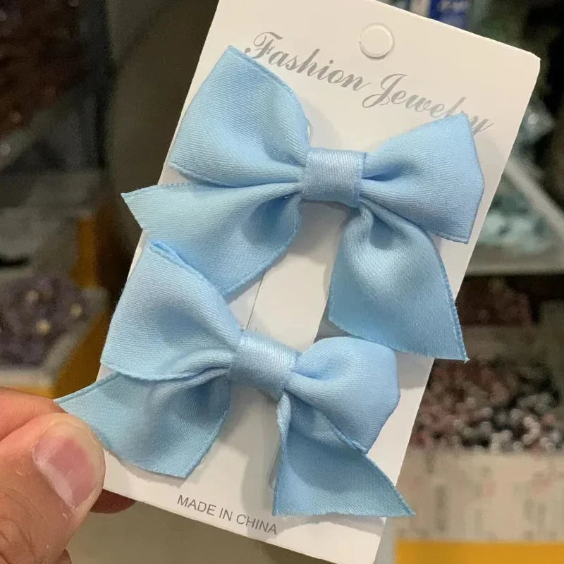 1Pair Cute Girls Hairgrips Hairpins Hair Clips Solid Color Ribbon Bow-knot Handmade Bows Barrettes Hair Accessories