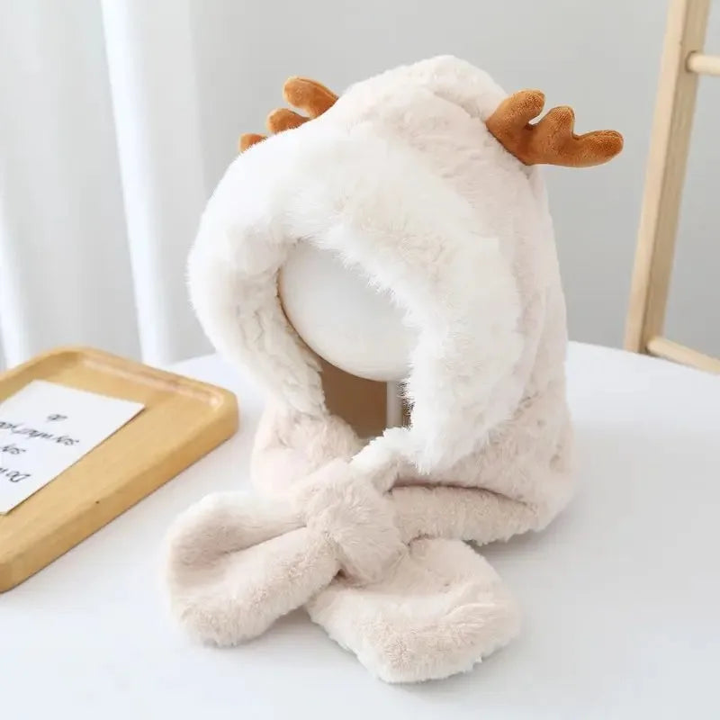 Faux Fur Winter Baby Hat Scarf One-Piece Soft Kids Cap for Girls Boys Cartoon Warmer Neck Ears Baby Bonnet Infant Accessories