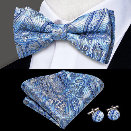 Hi-Tie Brand Silk Pre-tied Men's Bow Tie Hanky Cufflinks Set Bowtie for Male Jacquard Solid Paisley Floral Wedding Business Gift