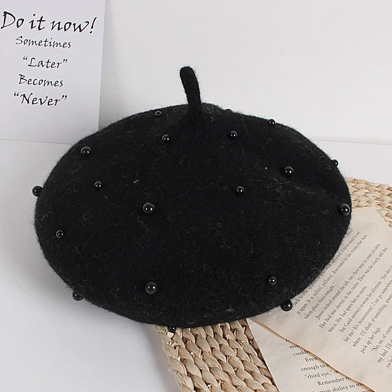 Wool Kids Winter Hat for Girls Retro Baby Beret Hats with Pearls Autumn Winter Kids Cap for Children Accessories 2-6Y