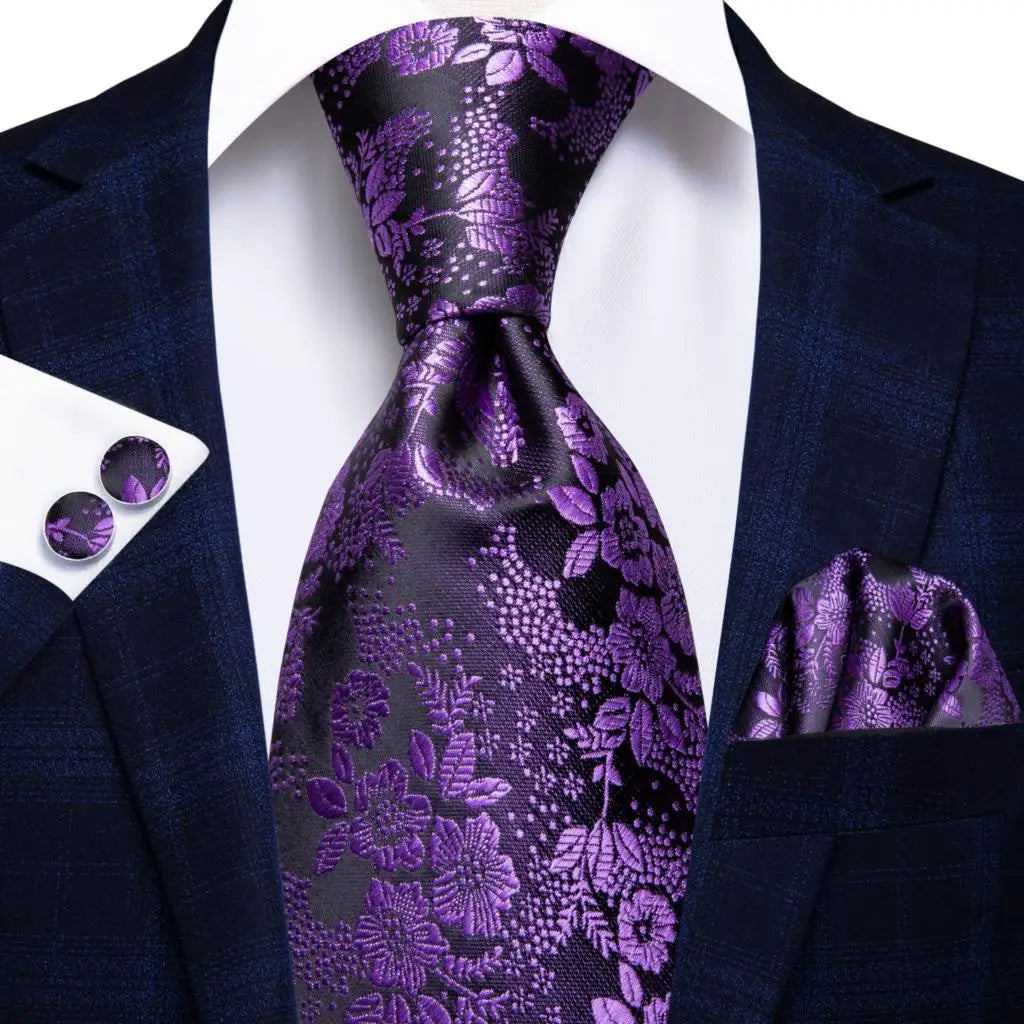 Hi-Tie Purple Lilac Floral Striped Silk Elegant Tie For Men Groom Wedding Men Necktie Pocket Square Cufflink Accessory Wholesale