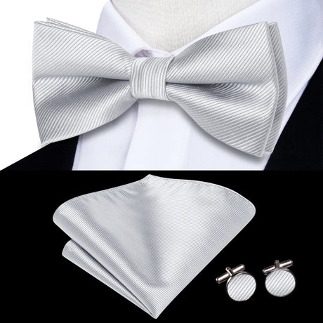 Hi-Tie Black White Silver Grey Brown Silk Mens Bow Tie Hankerchief Cufflinks Set Pre-tied Butterfly Knot Adjustable Bowtie Male