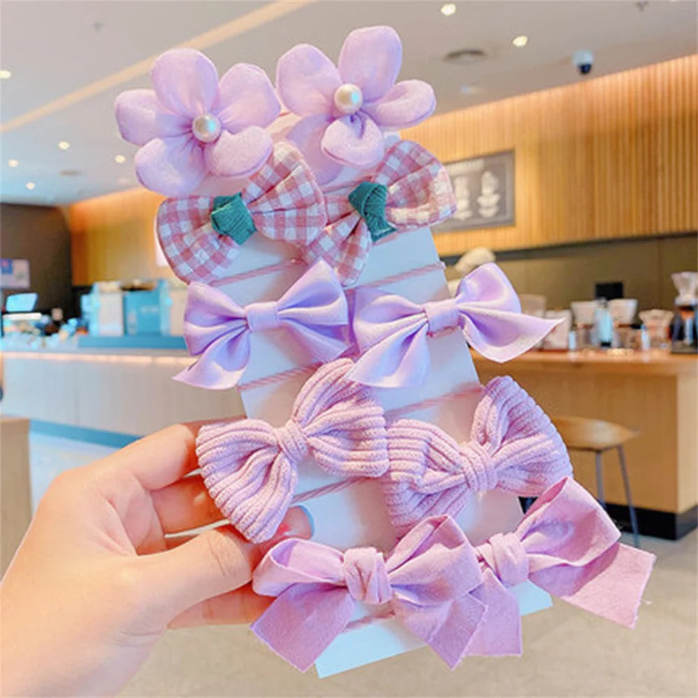 10pcs/set Flower Bowknot Elastics Hair Ties for Girl Children Cute Rubber Bands DIY Colorful Hair Bands Hair Accessories