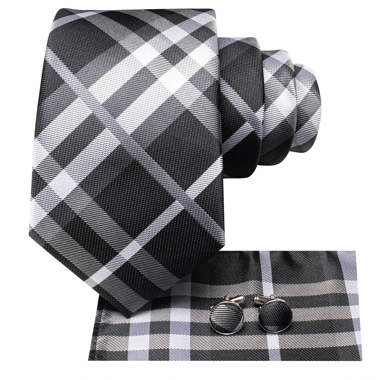 Hi-Tie Fashion Mens Plaid Silk Tie Set Jacquard Woven Necktie Hanky Cufflinks For Wedding Business Party Ideal Choice For Gift