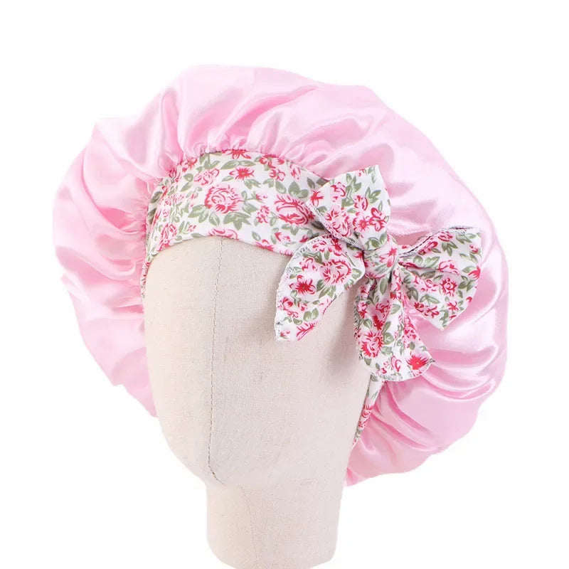 Kids Girls Sleep Cap Floral Print Hair Bonnet Satin Night Sleep Hat Turban Sleeping Hat Children Hair Care Bonnet Nightcap Caps