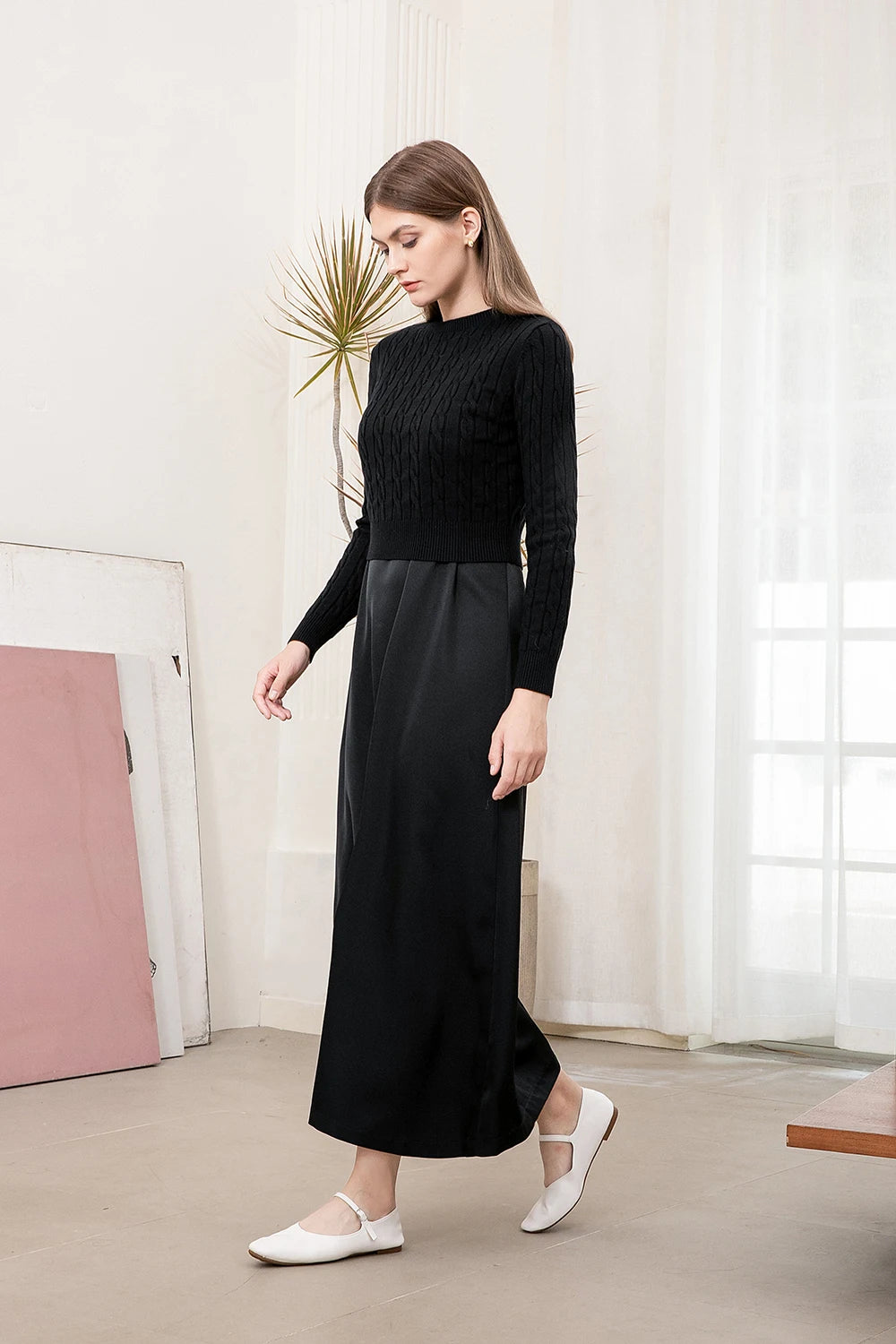 AP Women 2025 Autumn and Winter Cableknit Sweater Soft Casual Five Color Available Lady Satin Dress