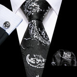 Fashion Mens Ties Set Silk Gray Black Silver White Striped Plaid Solid Paisley Floral Neck Tie Hankderchief Cufflinks Barry·Wang