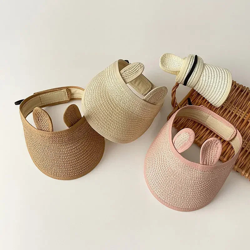 Lovely Bear Ears Empty Top Hat Baby Straw Cap Children Long Brim Sun Visors Kids Adjustable Summer Beach Bonnet Boy Girl Props