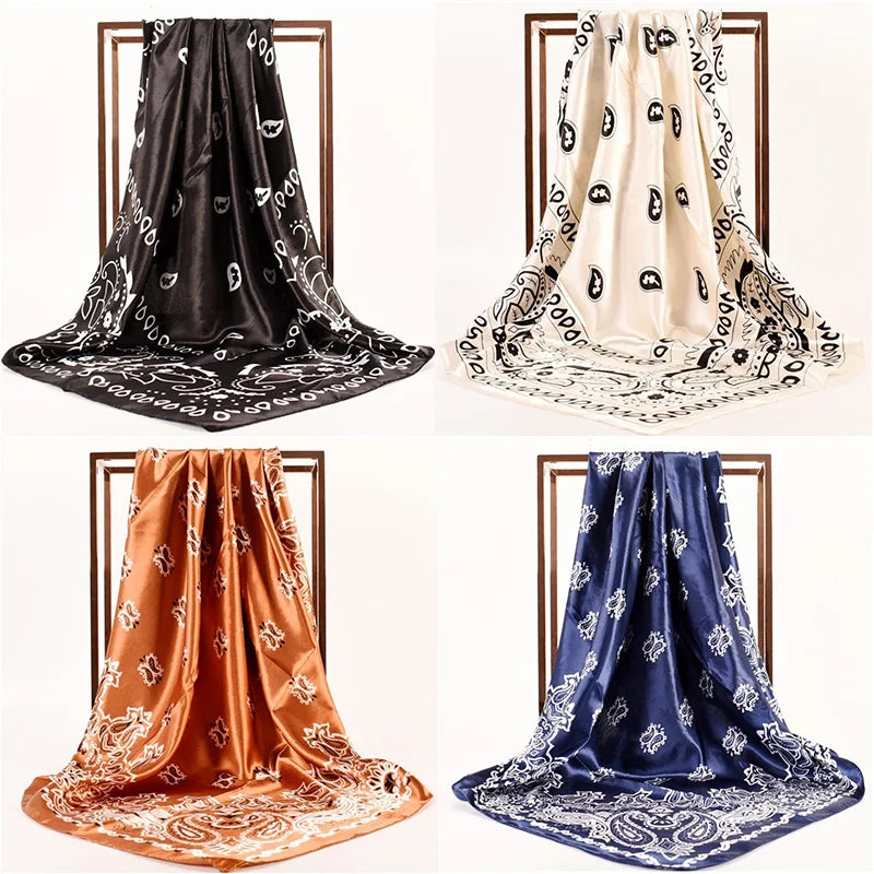 90x90cm Hijab Paisley Print Hair Head Scarves Bandana Satin Cashew Flower Big Square Silk Scarves Scarf Foulard Neckerchief