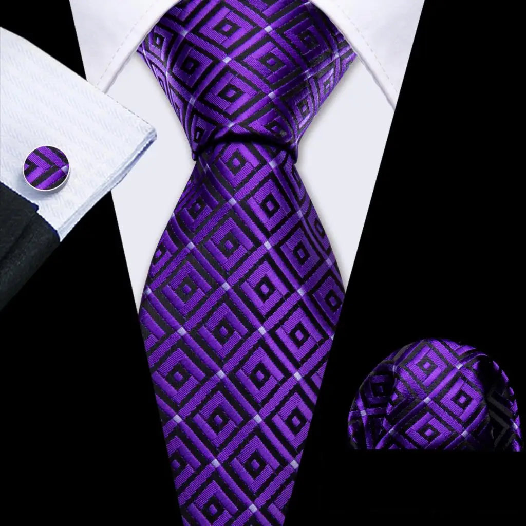 Barry.Wang Purple Lilac Lavender Silk Mens Tie Handkerchief Cufflink Set Jacquard Floral Necktie for Male Wedding Business Party