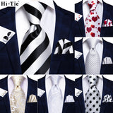 Hi-Tie White Black Striped Solid Men Tie Gravata Silk Wedding Tie For Men Hanky Cufflink Fashion Designer Business Dropshipping