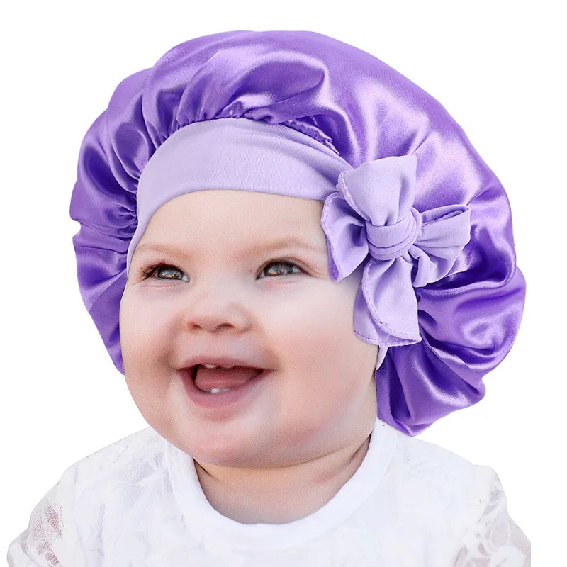 Solid Satin Silk Bonnet with Band Tie Baby Sleep Cap Bowknot Kids Baby Night Sleep Cap Beanies Girl Makeup Cap Children Nightcap
