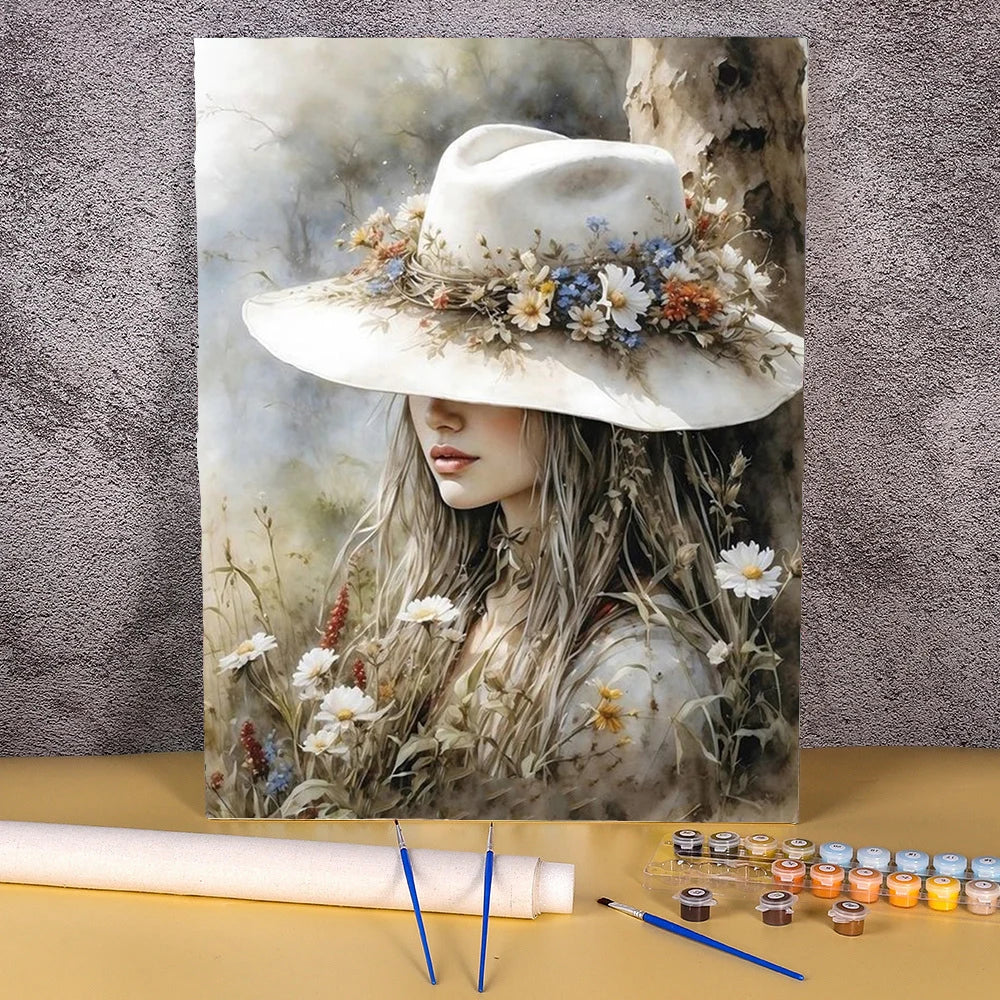 Paint By Numbers Kit For Adults Beginner On Canvas, DIY Acrylic Painting Package For Kids, Flowers Hat Women Picture, Frameless