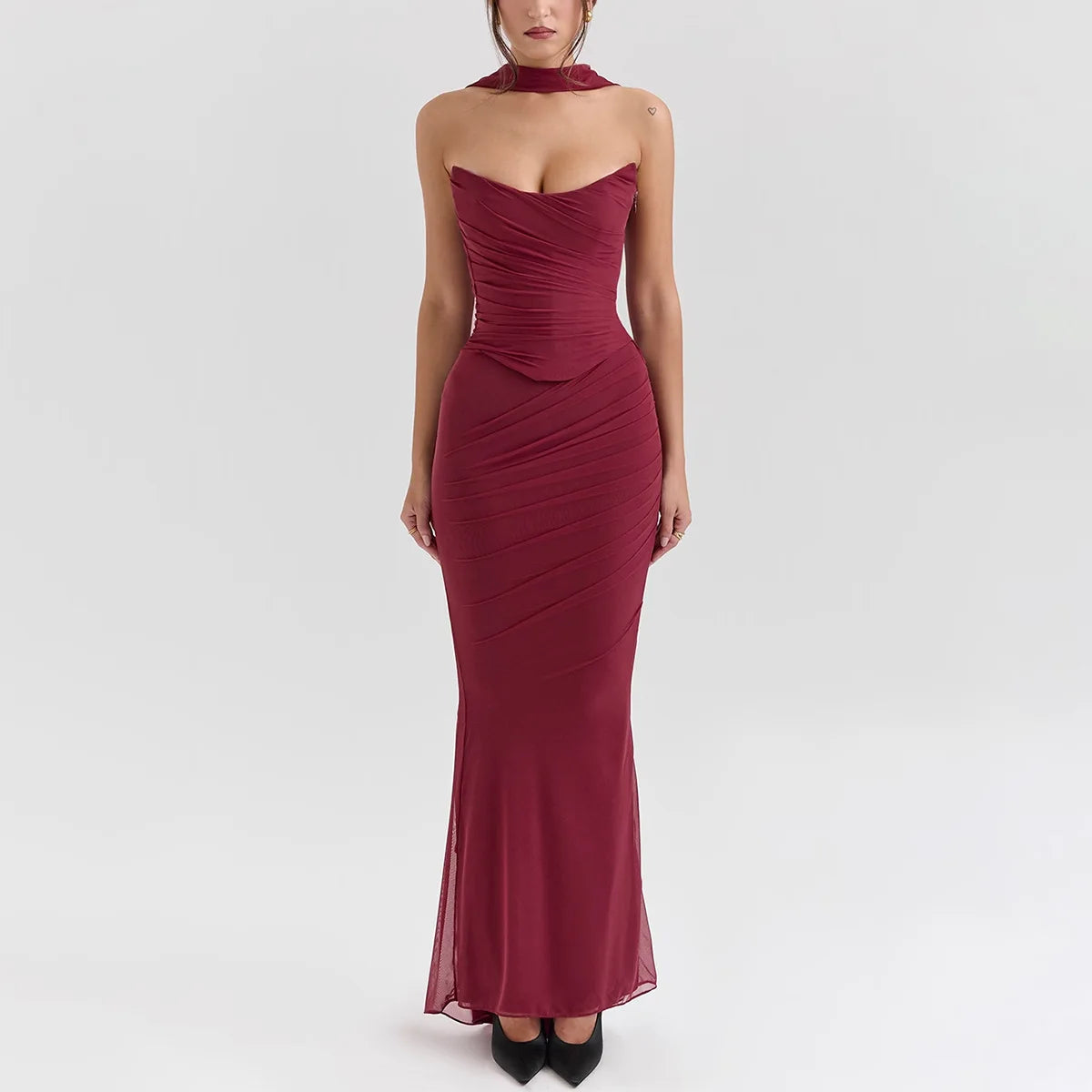 Suninheart Elegant 2 Pieces Dress Set with Scarf Women Fashion Matching Sets Sexy Cropped Top and Long Dress Set Casual Dress