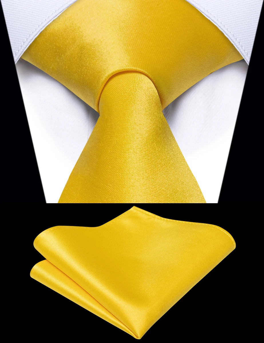 Fashion Bright Yellow Slim Tie for Man Wedding Daily Wearing Party Silk Luxury Mens Solid Necktie Pocket Square Clip Dropshiping