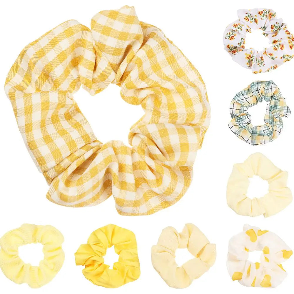 Women Lady Female Flower Hair Accessories LatticePrint Elastic Hairs Ties Yellow Scrunchies Hair Rope Girls Headwear