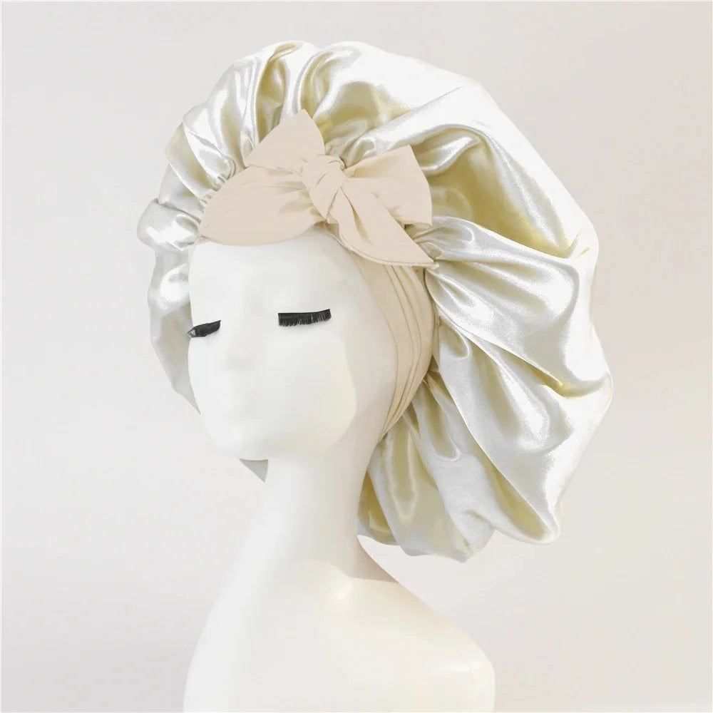 New Satin Sleeping Cap For Women Solid Wide Band Stretch Head Tie Silky Bonnet Edge Wrap Nightcap Hair Care Shower Head Cover