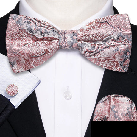 Barry.Wang Silk Mens Bow Tie White Green Pink Purple Jacquard Paisley Floral Pre-Tied Bowtie Hanky Cuffs Set Wedding Business