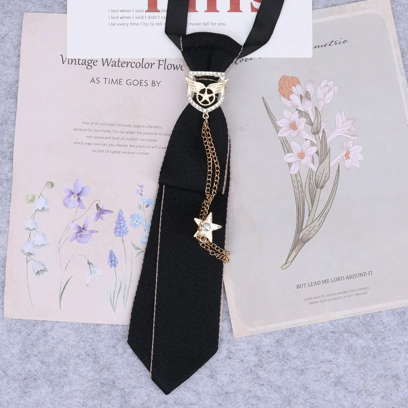 Hand Made Black Ribbon Tie Crystal Rhinestone Jewelry Men White Shirts College Girl Boys Collar Neck Ties Uniform Women Necktie