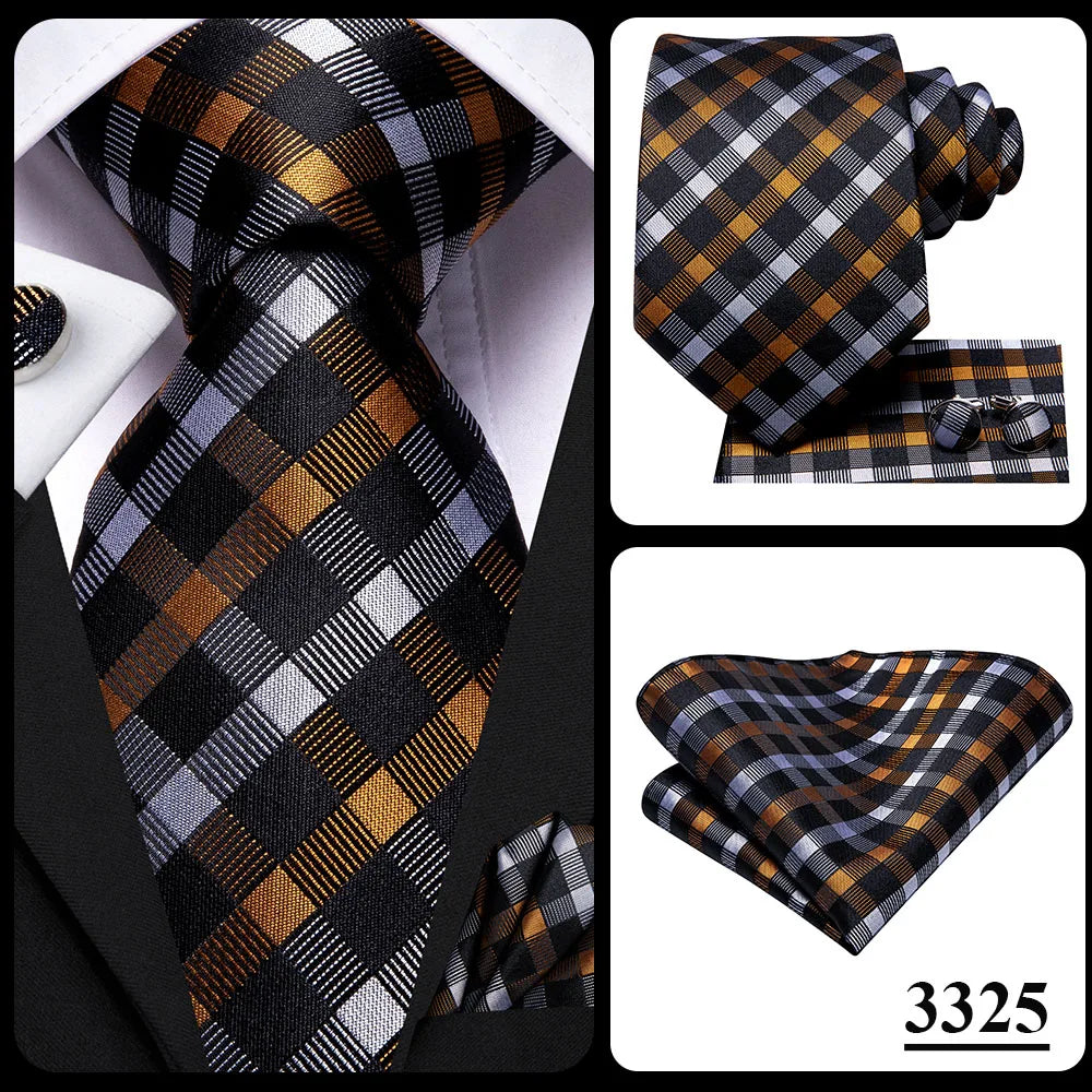 Hi-Tie Designer Grey Plaid Novelty Silk Wedding Tie For Men Handky Cufflink Gift Mens Necktie Fashion Business Party Dropshiping