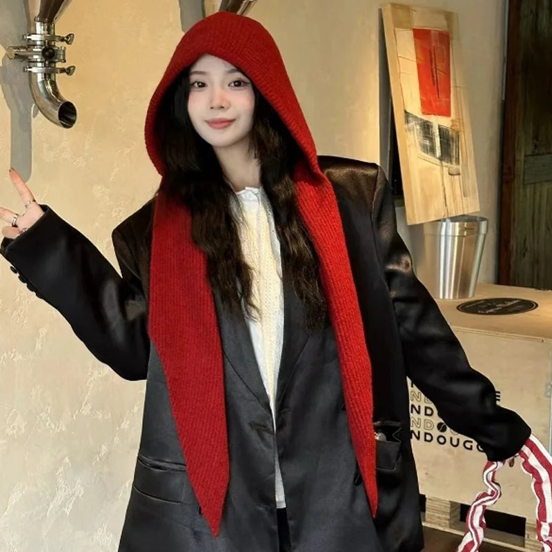 2025 Newest Knitted Balaclava Autumn Winter Solid Color Warm Beanie Shawl Earmuffs Hat One-piece Versatile Wool Hat For Women