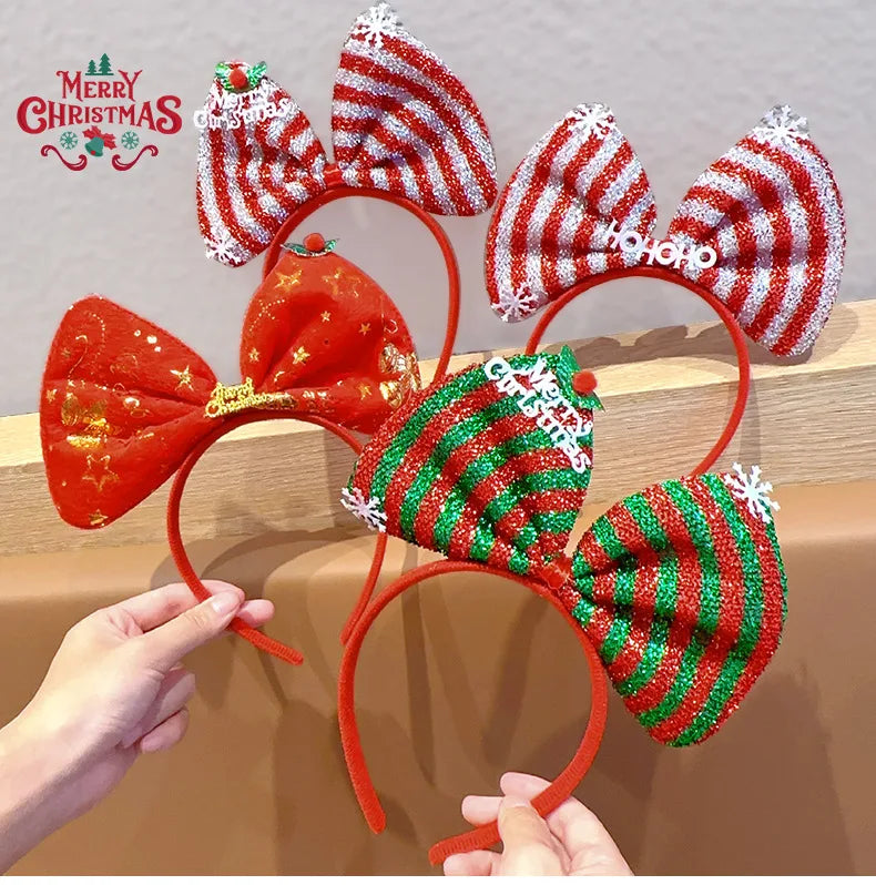 Navidad Bows Elastic Headbands for Adult Children's Hair Accessories Happy Christmas New Year Party Merry  Xmas Headdress Supply