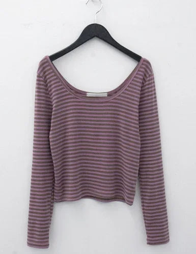 KUSAHIKI Sexy Retro Stripes Korean Versatile Slim Fit Long Sleeved Round Neck Base Shirt Short Spicy Girl Y2k Top 2024 New