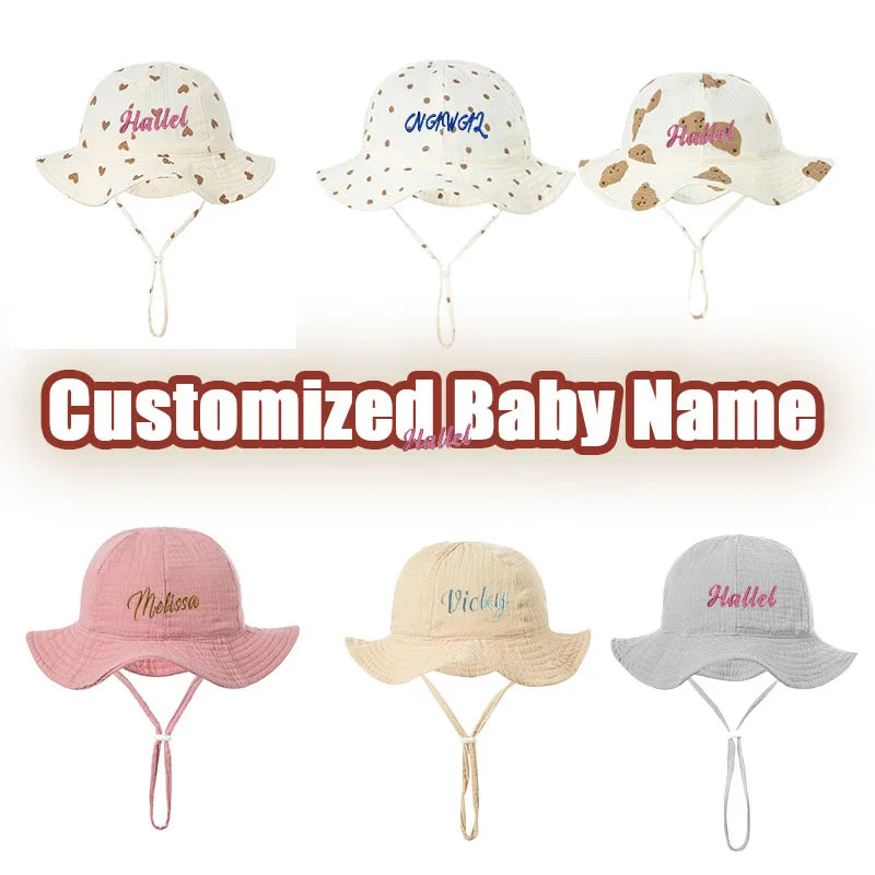Embroidered Name Breathable Kids Wide Brim Sun Hat With Adustable Chin Strap Suitable For Summer And Beach