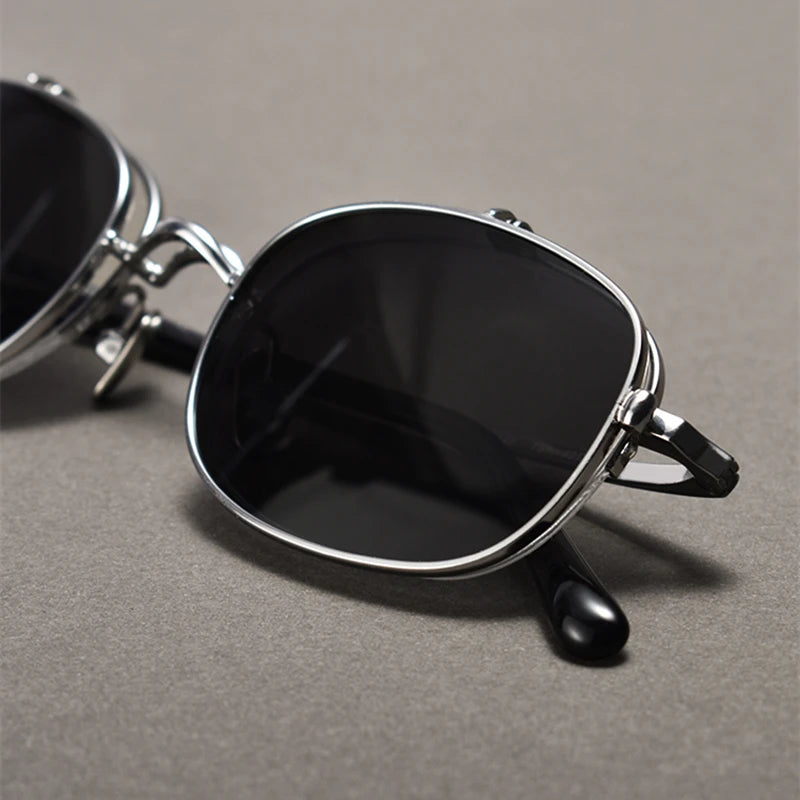 Vintage Titanium Square Glasses Frame with Flip Up Sunglasses Women Brand Designer Eyeglasses Men Trendy Semi Rimless Eyewear