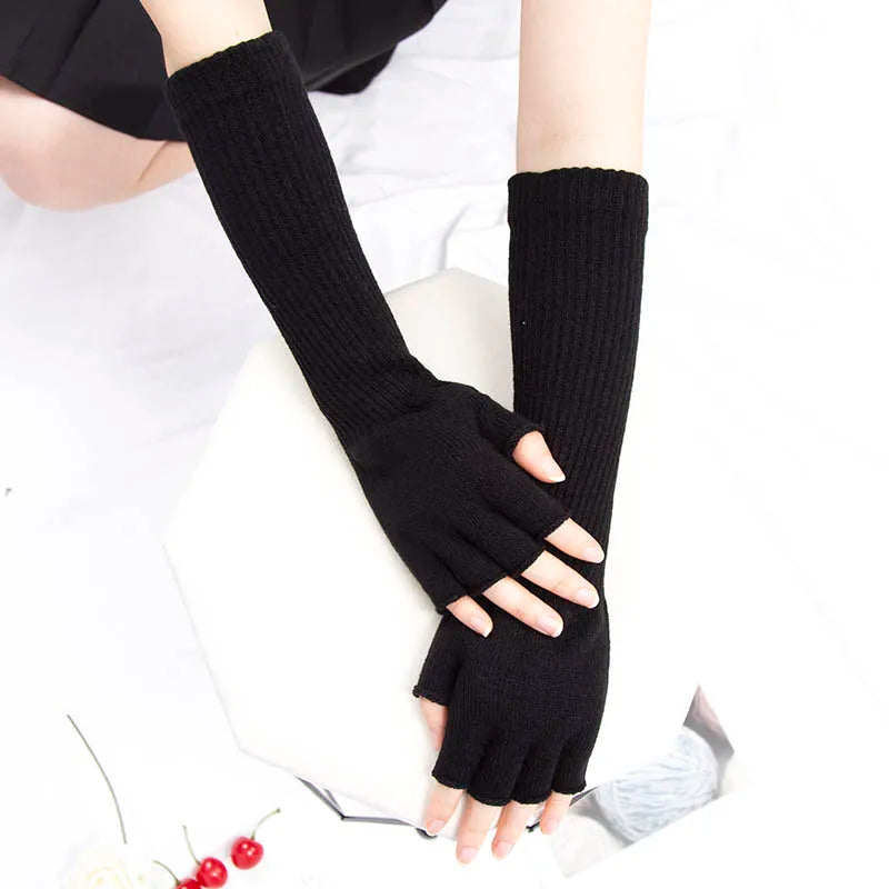 1Pair Black Unisex Half Finger Fingerless Gloves for Women Men Wool Knit Wrist Cotton Gothic Gloves Winter Warm Workout Gloves