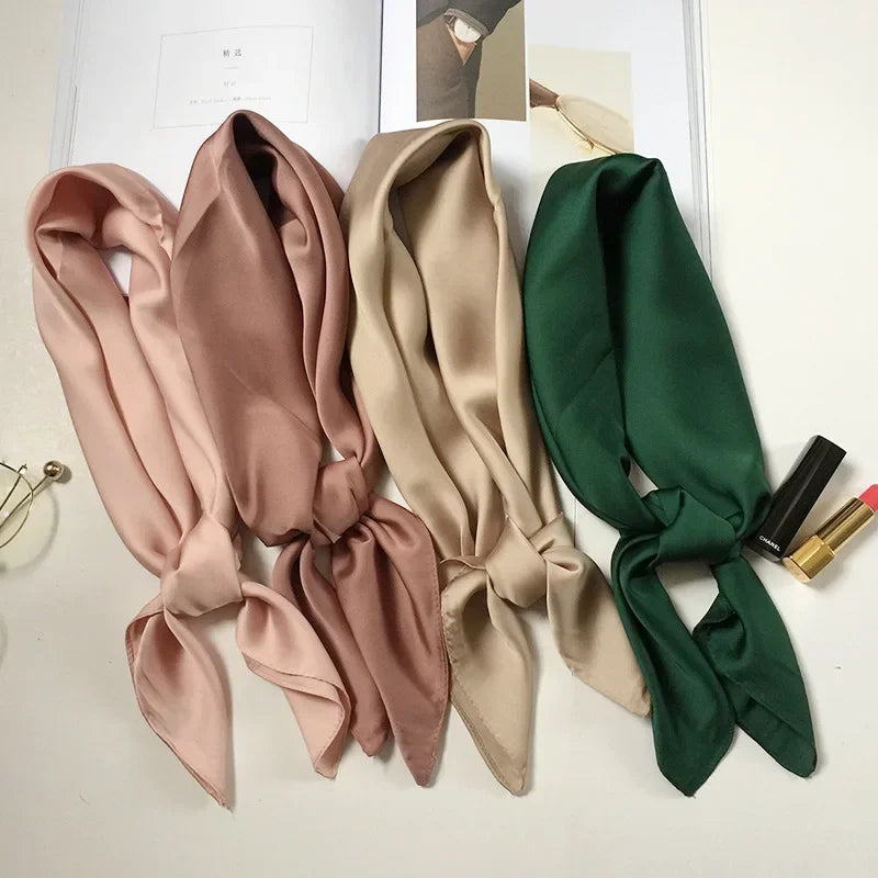 Fashion Solid Kerchief Women Head Scarf For Hair Pink Green White Silk Neck Scarfs Female 70cm*70cm Square Bandanas Lady Scarves