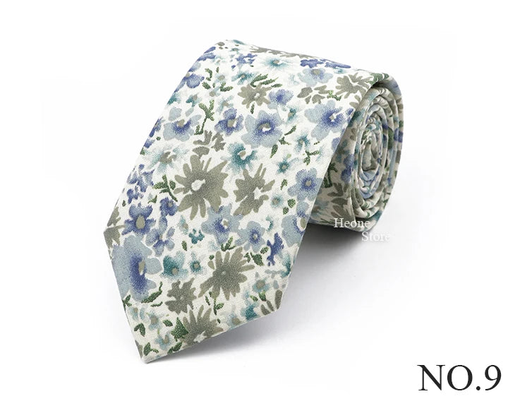 New Chic Floral Tie For Men Women 100% Cotton Beautiful Elegant Flower Necktie White Blue Narrow Skinny Wedding Casual Cravat