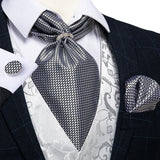 Luxury Silver Paisley Men Ascot Tie Wedding Formal Cravat Ascot Scrunch Self British Neck Tie Set Pocket Square Cufflink DiBanGu