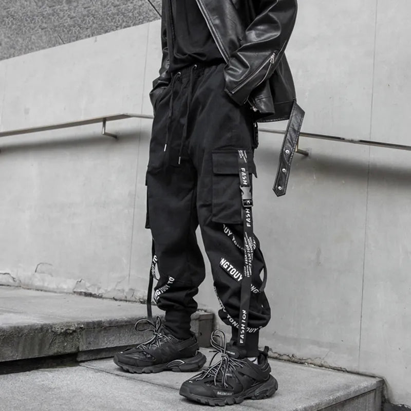 Stylish Techwear Men Cargo Pants  Hip Hop Streetwear High Street Jogger Male Trousers Ribbons Pockets Harem Pants for Male