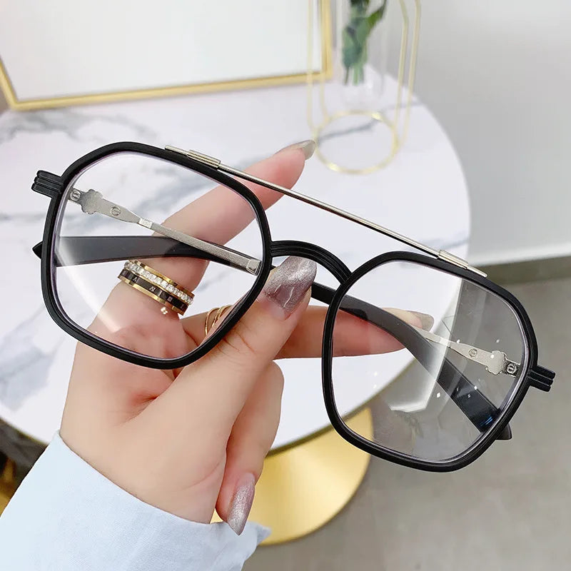 Blue Light Blocking Eye Protection Myopia Eyeglasses Fashion Double Beam Metal Glasses Women Trend Retro Plain Face Eyewear Men