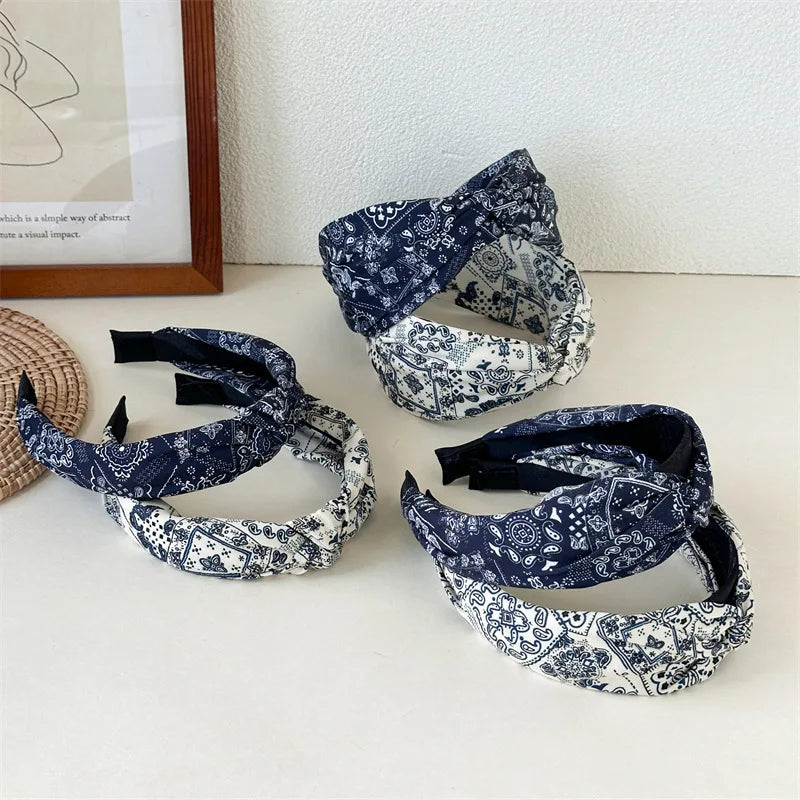 New Bohemian Paisley Print Headbands Cross Knot Wide Hairbands For Women Retro Style Elegant Hair Hoops Non-slip White Navy