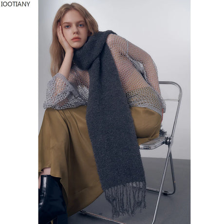 IOOTIANY New Winter Wool Warm Scarf Wool Blend Circular Yarn Knitted Scarve Women Solid Colour Minimalist Flow Shawl