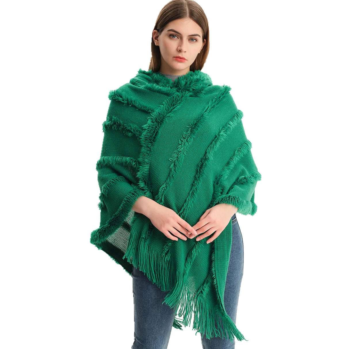 2023 New Cape Green Winter Shawl Women Solid Colour Warm Hooded Jumper Knitted Pullover Capes Shawl