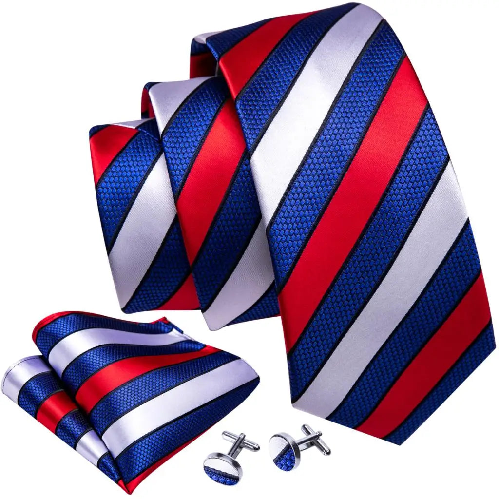 Barry.Wang Striped Silk Men Tie Hanky Cufflinks Set Jacquard Neck tie for Male Formal Casual Wedding Party Business High Quality