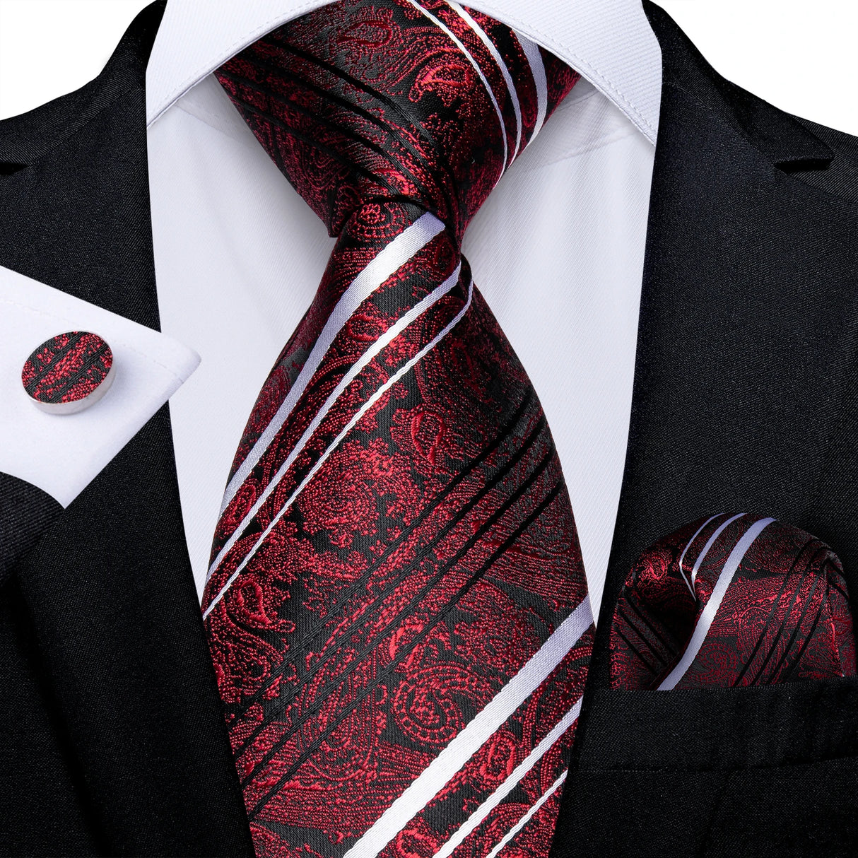 Fashion Striped Tie For Men Red Wine White Silk Wedding Tie Hanky Cufflink Gift Tie Set DiBanGu Novelty Design Business MJ-7337