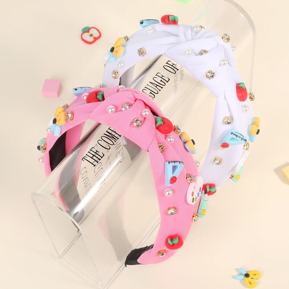 Knotted Wide Headbands Diadem For Back To School Pearls Pencil Hair Bands Kids Head Hoop Girls Children Daily Tiara Accessories