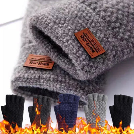 Winter Fingerless Gloves for Men Half Finger Writting Office Knitted Thick Wool Warm Label Thick Elastic Outdoor Driving Gloves