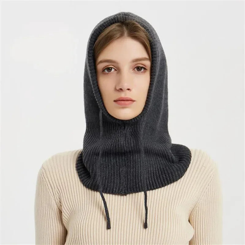 Winter Womens Hats Unisex Knitted Hooded Neck Collar Cap Beanie For Men & Women Drawstring One-Piece Hats Warmer Balaclava Cap