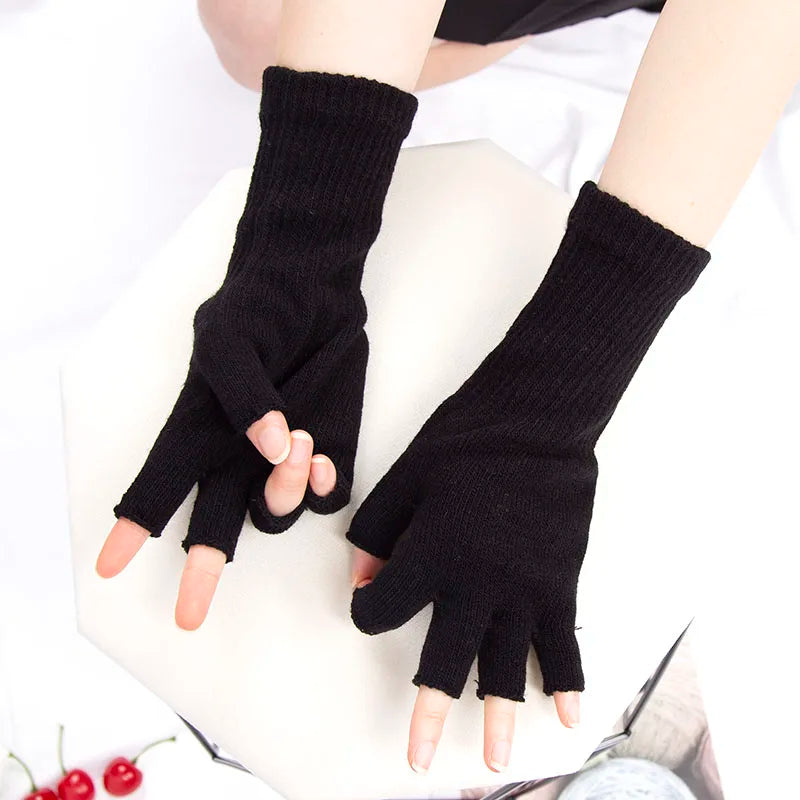 1Pair Black Unisex Half Finger Fingerless Gloves for Women Men Wool Knit Wrist Cotton Gothic Gloves Winter Warm Workout Gloves