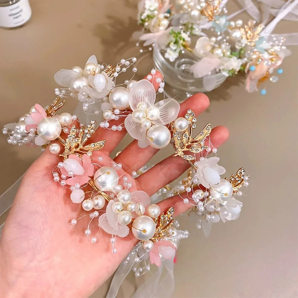 Elegant Girls Headband Lmitated Pearl Hair Headdress Baby Girls Flower Wreath Bride Garland Head Hoop Wedding Headbands Hair