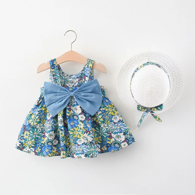 2Piece Sets Summer Toddler Girl Clothes Korean Fashion Flowers Cute Bow Sleeveless Princess Baby Dresses+Sunhat Kids Dress BC136