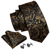 Barry.Wang Gold Black Jacquard Silk Mens Tie Hanky Cufflink Brooch Set Floral Paisley Necktie Pin For Male Wedding Business Gift