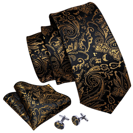 Barry.Wang Gold Black Jacquard Silk Mens Tie Hanky Cufflink Brooch Set Floral Paisley Necktie Pin For Male Wedding Business Gift